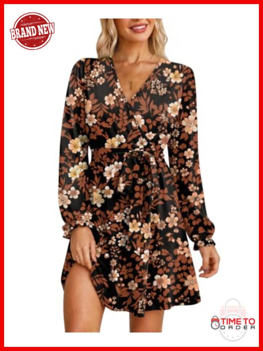 OFEEFAN Long Sleeve A-Line Wrap Dress V-Neck Belted Knee Length